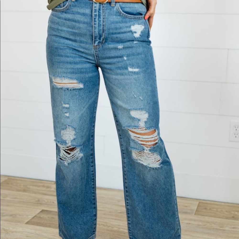 Sneak Peak distressed high rise flare jeans